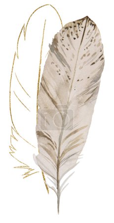 Foto de Watercolor beige and gold feathers, Bohemian illustration isolated. Monochrome element for boho, tribal, or ethnic wedding stationery, greeting cards, printing and craft projects - Imagen libre de derechos
