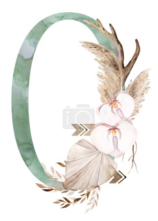Téléchargez les photos : Watercolor green number 0 with brown antlers, Beige tropical flowers and feathers, dried palm leaves and pampas grass, bohemian alphabet isolated illustration. Element for boho and ethnic wedding stationery - en image libre de droit