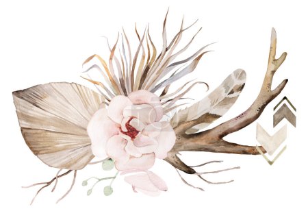 Téléchargez les photos : Bois de cerf aquarelle avec bouquet tropical, illustration bohème isolée. Feuilles, fleurs et plumes beige, Boho ou arrangement ethnique pour la papeterie de mariage - en image libre de droit