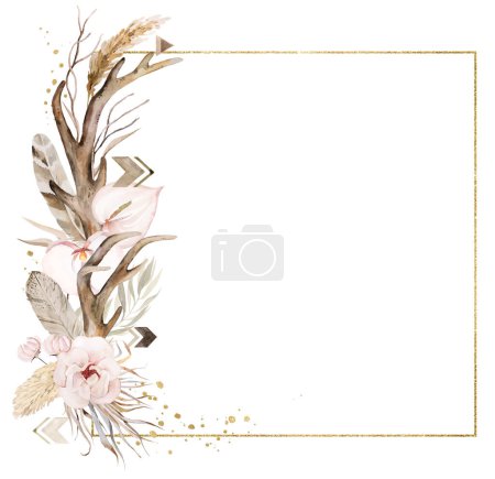 Photo for Square Golden frame with Watercolor deer antlers and Bohemian bouquet isolated illustration. Beige pastel Tropical leaves and flowers Boho or ethnic arrangement for wedding stationery - Royalty Free Image
