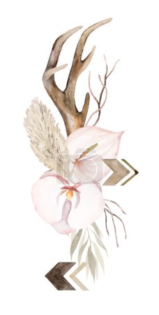 Photo for Watercolor deer antlers with tropical bouquet, Bohemian isolated illustration. Beige leaves and flowers, Boho or ethnic arrangement for wedding stationery - Royalty Free Image