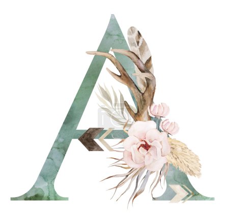 Téléchargez les photos : Watercolor green letter A with brown antlers, Beige tropical flowers and feathers, dried palm leaves and pampas grass, bohemian alphabet isolated illustration. Element for boho and ethnic wedding stationery - en image libre de droit