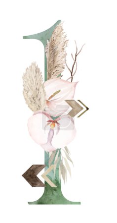 Téléchargez les photos : Watercolor green number 1 with brown Beige tropical flowers, dried palm leaves and pampas grass, bohemian alphabet isolated illustration. Element for boho and ethnic wedding stationery - en image libre de droit