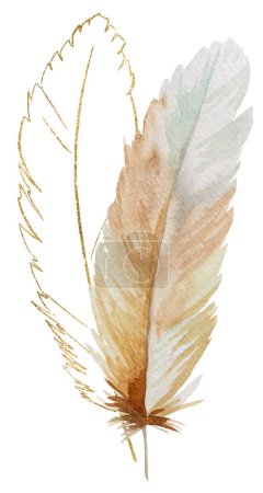Téléchargez les photos : Watercolor beige and gold feathers, Bohemian illustration isolated. Monochrome element for boho, tribal, or ethnic wedding stationery, greeting cards, printing and craft projects - en image libre de droit
