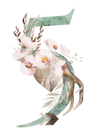 Téléchargez les photos : Watercolor green number 5 with brown antlers, Beige tropical flowers and feathers, dried palm leaves and pampas grass, bohemian alphabet isolated illustration. Element for boho and ethnic wedding stationery - en image libre de droit