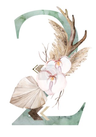Téléchargez les photos : Watercolor green number 2 with brown antlers, Beige tropical flowers and feathers, dried palm leaves and pampas grass, bohemian alphabet isolated illustration. Element for boho and ethnic wedding stationery - en image libre de droit