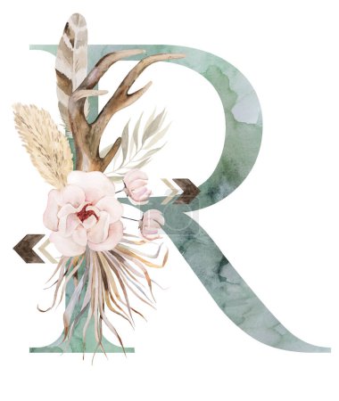 Téléchargez les photos : Watercolor green letter R with brown antlers, Beige tropical flowers and feathers, dried palm leaves and pampas grass, bohemian alphabet isolated illustration. Element for boho and ethnic wedding stationery - en image libre de droit