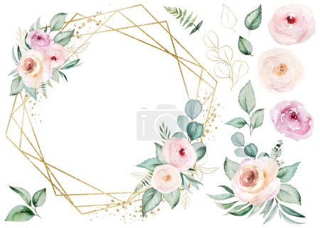 Téléchargez les photos : Round frame made of light pink watercolor flowers and light green leaves illustration, isolated. Pastel floral elements for romantic wedding stationery and greetings cards - en image libre de droit