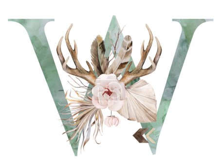 Téléchargez les photos : Watercolor green letter W with brown antlers, Beige tropical flowers and feathers, palm leaves and pampas grass, bohemian alphabet isolated illustration. Element for boho and ethnic wedding stationery - en image libre de droit