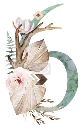 Téléchargez les photos : Watercolor green number 6 with brown antlers, Beige tropical flowers and feathers, dried palm leaves and pampas grass, bohemian alphabet isolated illustration. Element for boho and ethnic wedding stationery - en image libre de droit