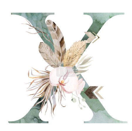 Téléchargez les photos : Watercolor green letter X with brown Beige tropical flowers and feathers, palm leaves and pampas grass, bohemian alphabet isolated illustration. Element for boho and ethnic wedding stationery - en image libre de droit