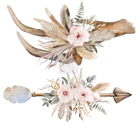 Téléchargez les photos : Watercolor arrow and deer antlers with Bohemian Watercolor beige and teal green bouquet isolated illustration.  Brown and beige Tropical leaves and flowers Boho or ethnic arrangement for wedding stationery - en image libre de droit