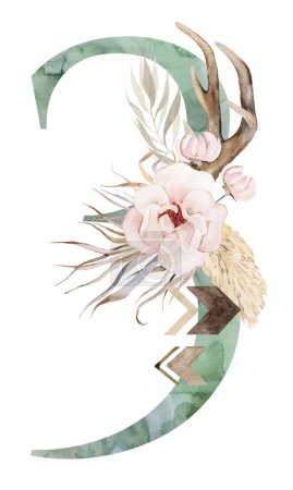 Téléchargez les photos : Watercolor green number 3 with brown antlers, Beige tropical flowers and feathers, dried palm leaves and pampas grass, bohemian alphabet isolated illustration. Element for boho and ethnic wedding stationery - en image libre de droit