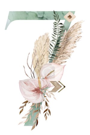 Téléchargez les photos : Watercolor green number 7 with brown Beige tropical flowers and feathers, dried palm leaves and pampas grass, bohemian alphabet isolated illustration. Element for boho and ethnic wedding stationery - en image libre de droit