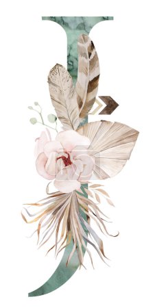 Téléchargez les photos : Watercolor green letter J with brown Beige tropical flowers and feathers, dried palm leaves and pampas grass, bohemian alphabet isolated illustration. Element for boho and ethnic wedding stationery - en image libre de droit