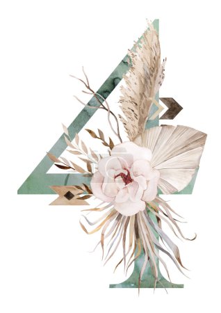 Téléchargez les photos : Watercolor green number 4 with brown antlers, Beige tropical flowers and feathers, dried palm leaves and pampas grass, bohemian alphabet isolated illustration. Element for boho and ethnic wedding stationery - en image libre de droit