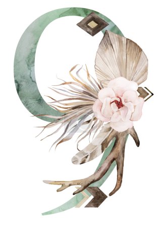 Téléchargez les photos : Watercolor green number 9 with brown antlers, Beige tropical flowers and feathers, dried palm leaves and pampas grass, bohemian alphabet isolated illustration. Element for boho and ethnic wedding stationery - en image libre de droit