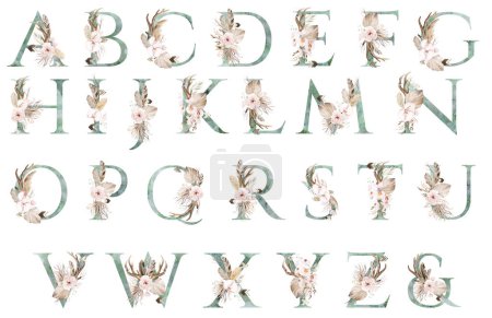 Photo for Watercolor green letters with brown antlers, Beige tropical flowers and feathers, dried palm leaves and pampas grass, bohemian alphabet isolated illustration. Element for boho and ethnic wedding stationery - Royalty Free Image