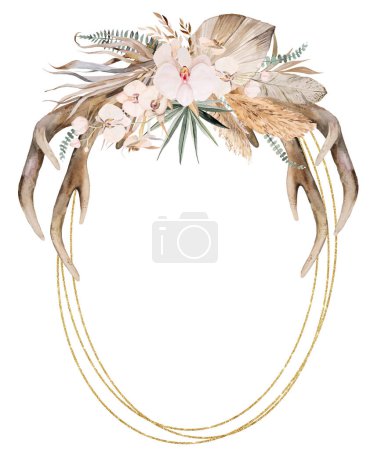 Photo for Oval Golden frame with Watercolor deer antlers and Bohemian bouquet isolated illustration. Beige pastel Tropical leaves and flowers Boho or ethnic arrangement for wedding stationery - Royalty Free Image