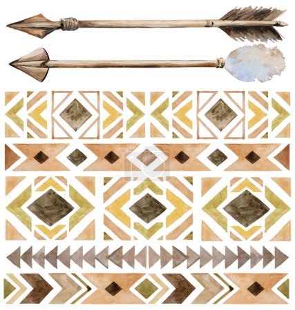 Photo for Watercolor brown and beige tribal geometric patterns and arrows, isolated illustration,  earthy colors.  Brown and beige Boho or ethnic ornament for wedding and greeting stationery - Royalty Free Image