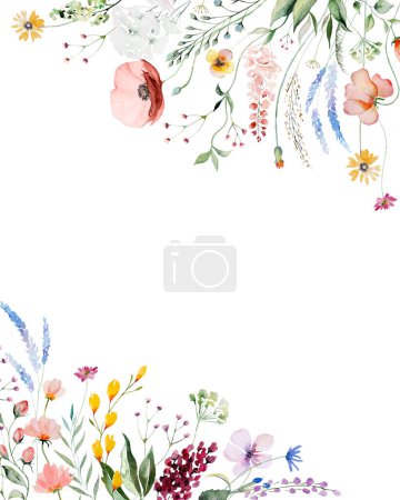 Foto de Frontera hecha de coloridas flores silvestres acuarela y hojas ilustración, aislado. Marco floral de jardín para papelería de boda de verano y tarjetas de felicitación - Imagen libre de derechos
