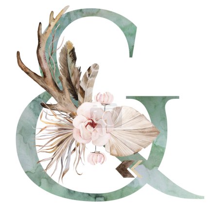 Photo for Watercolor green symbol ampersand with brown antlers, Beige tropical flowers and feathers, dried palm leaves and pampas grass, bohemian alphabet isolated illustration. Element for boho and ethnic wedding stationery - Royalty Free Image