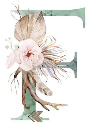 Photo for Watercolor green letter F with brown antlers, Beige tropical flowers and feathers, dried palm leaves and pampas grass, bohemian alphabet isolated illustration. Element for boho and ethnic wedding stationery - Royalty Free Image
