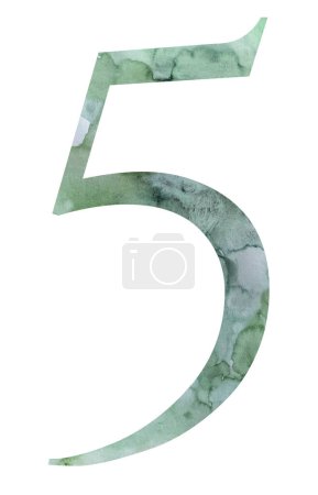 Photo for Teal green number 5 with Watercolor splatters, isolated illustration., Hand painted number five, Element for greenery wedding stationery - Royalty Free Image