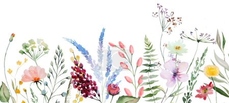 Granica wykonana z kolorowych akwareli dzikich kwiatów i liści ilustracji, odizolowany. Kwiaty ogrodowe ramka do letniej papeterii ślubnej i kartki okolicznościowe