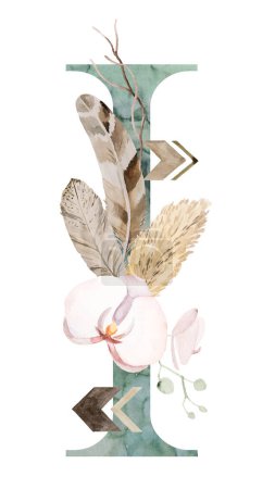 Photo for Watercolor green letter I with brown Beige tropical flowers and feathers, dried palm leaves and pampas grass, bohemian alphabet isolated illustration. Element for boho and ethnic wedding stationery - Royalty Free Image