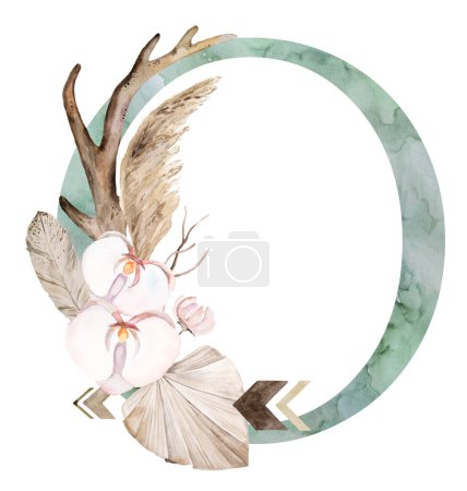 Photo for Watercolor green letter O with brown antlers, Beige tropical flowers and feathers, dried palm leaves and pampas grass, bohemian alphabet isolated illustration. Element for boho and ethnic wedding stationery - Royalty Free Image