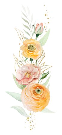 Téléchargez les photos : Bouquet composé de fleurs aquarelles orange et jaune et de feuilles vertes illustrées isolées. Élément floral pour mariage romantique ou papeterie de Saint-Valentin et cartes de voeux - en image libre de droit