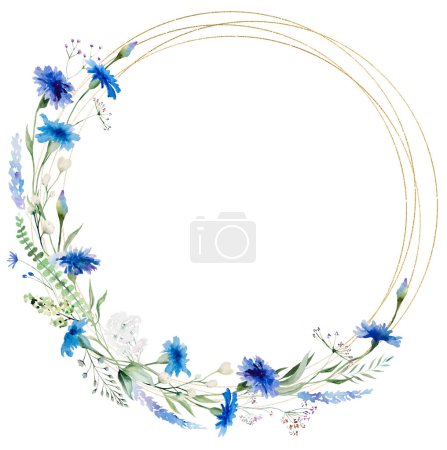 Photo for Watercolor Blue cornflower round golden frame, wildflower isolated illustration. Garden floral element for summer wedding stationery and greetings cards - Royalty Free Image