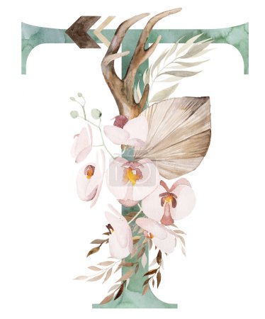 Photo for Watercolor green letter T with brown antlers, Beige tropical flowers, palm leaves and pampas grass, bohemian alphabet isolated illustration. Element for boho and ethnic wedding stationery - Royalty Free Image