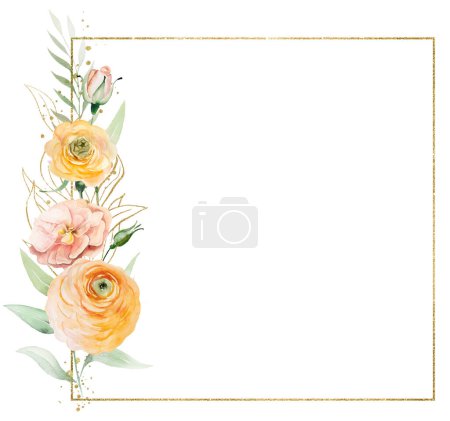 Foto de Marco cuadrado con flores de acuarela anaranjadas y amarillas y hojas verdes ilustración aislada. Elemento floral para boda romántica o valentines papelería y tarjetas de felicitación - Imagen libre de derechos