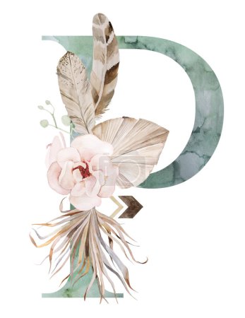 Photo for Watercolor green letter Z with brown Beige tropical flowers and feathers, dried palm leaves and pampas grass, bohemian alphabet isolated illustration. Element for boho and ethnic wedding stationery - Royalty Free Image