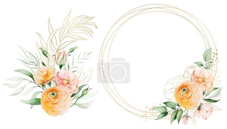 Photo for Frame and bouquet made with orange and yellow watercolor flowers and green leaves illustration isolated. Floral element for romantic wedding or valentines stationery and greetings cards - Royalty Free Image