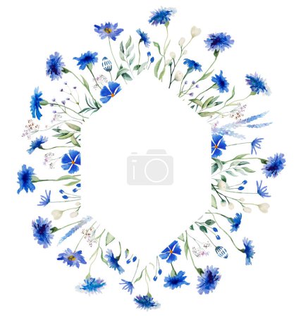 Foto de Acuarela Azul aciano y flores silvestres marco geométrico, ilustración aislada, espacio de copia. Elemento floral para papelería de boda de verano y tarjetas de felicitación - Imagen libre de derechos