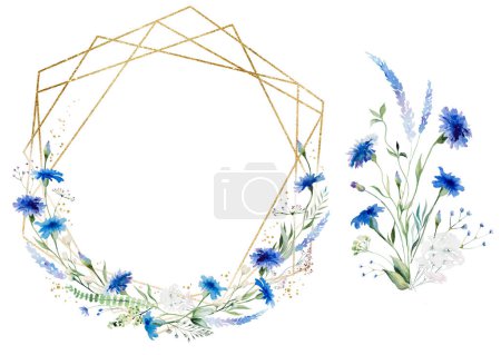 Photo for Watercolor Blue cornflower and wildflowers round frame and bouquet,, isolated illustration, copy space. Floral element for summer wedding stationery and greetings cards - Royalty Free Image
