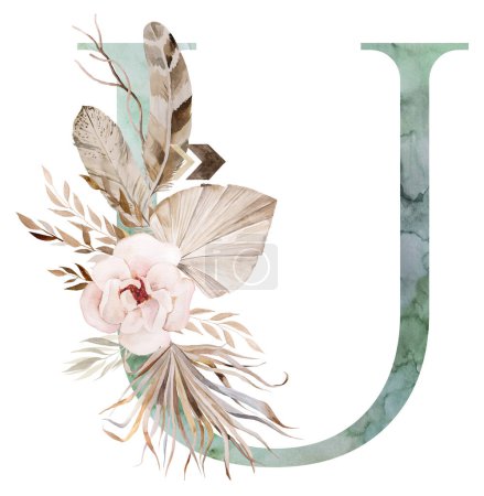 Photo for Watercolor green letter U with brown Beige tropical flowers and feathers, palm leaves and pampas grass, bohemian alphabet isolated illustration. Element for boho and ethnic wedding stationery - Royalty Free Image