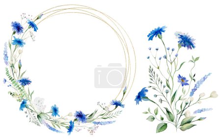 Foto de Acuarela Cornejo azul redondo marco dorado y ramo de flores silvestres, ilustración aislada. Elemento floral de jardín para papelería de boda de verano y tarjetas de felicitación - Imagen libre de derechos