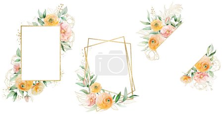 Photo for Frames with orange and yellow watercolor flowers and green leaves illustration isolated. Floral element for romantic wedding or valentines stationery and greetings cards - Royalty Free Image