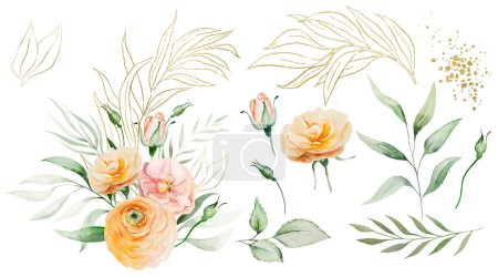 Photo for Bouquet with orange and yellow watercolor flowers and green leaves, single elements, illustration isolated. Floral elements for romantic wedding or valentines stationery and greetings cards - Royalty Free Image