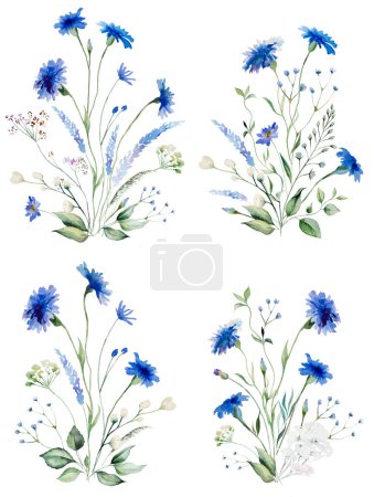Photo for Watercolor Blue cornflower and wildflowers bouquets, isolated illustration, copy space. Floral element for summer wedding stationery and greetings cards - Royalty Free Image