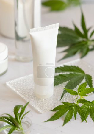 Photo for White blank Cream tube near green cannabis sativa leaves on a marble table. Cosmetic Mockup, Copy space. Organic skincare beauty product. Eco friendly body or hand cream with hem - Royalty Free Image