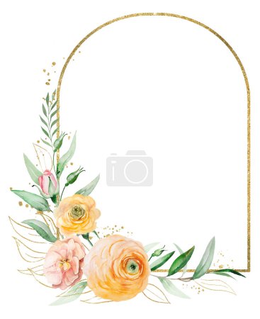 Photo for Frame with orange and yellow watercolor flowers and green leaves illustration isolated. Floral element for romantic wedding or valentines stationery and greetings cards - Royalty Free Image