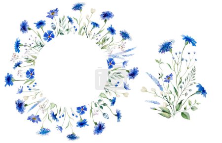 Photo for Watercolor Blue cornflower bouquets and frame, wildflower isolated illustration. Garden floral elements for summer wedding stationery and greetings cards - Royalty Free Image