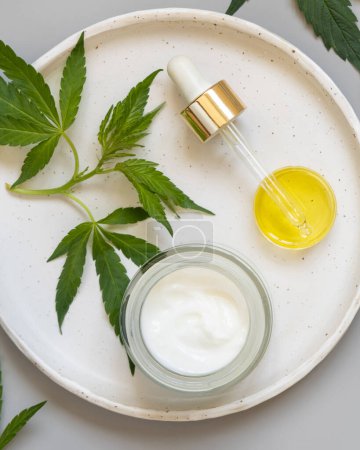 Téléchargez les photos : Pot à crème et pipette près de feuilles de cannabis sativa vertes sur assiette sur table grise. Produits de beauté bio pour la peau. Cosmétique CBD écologique - en image libre de droit