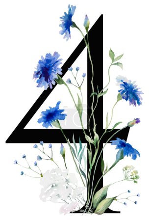 Téléchargez les photos : Noir numéro 4 avec aquarelle bleu bleuets et bouquet de fleurs sauvages isolé. Été floral numéro quatre, Alphabet Élément pour la conception de mariage et de salutation, numéros de table - en image libre de droit