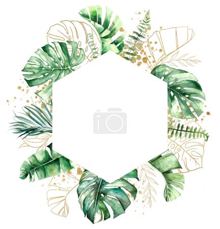 Photo for Frame made with green and golden watercolor tropical banana, palm and monstera leaves, isolated illustration. Element for Exotic wedding stationery , greeting cards and crafting - Royalty Free Image
